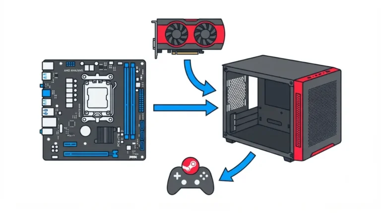 “Vector overview of building a Steam Machine–style PC in a mini ITX Case with AMD GPU and SteamOS”