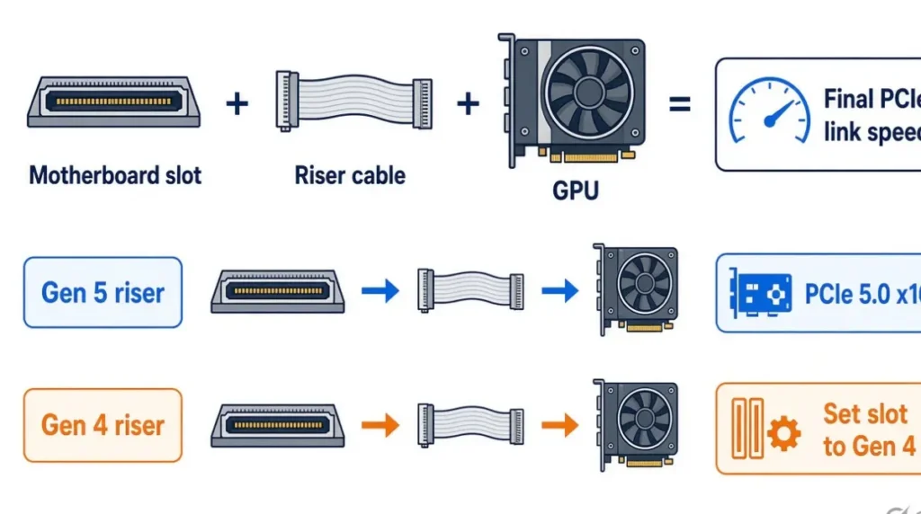 GPU mount riser cable diagram explaining PCIe generation matching between motherboard slot, riser cable, and vertically mounted graphics card.
