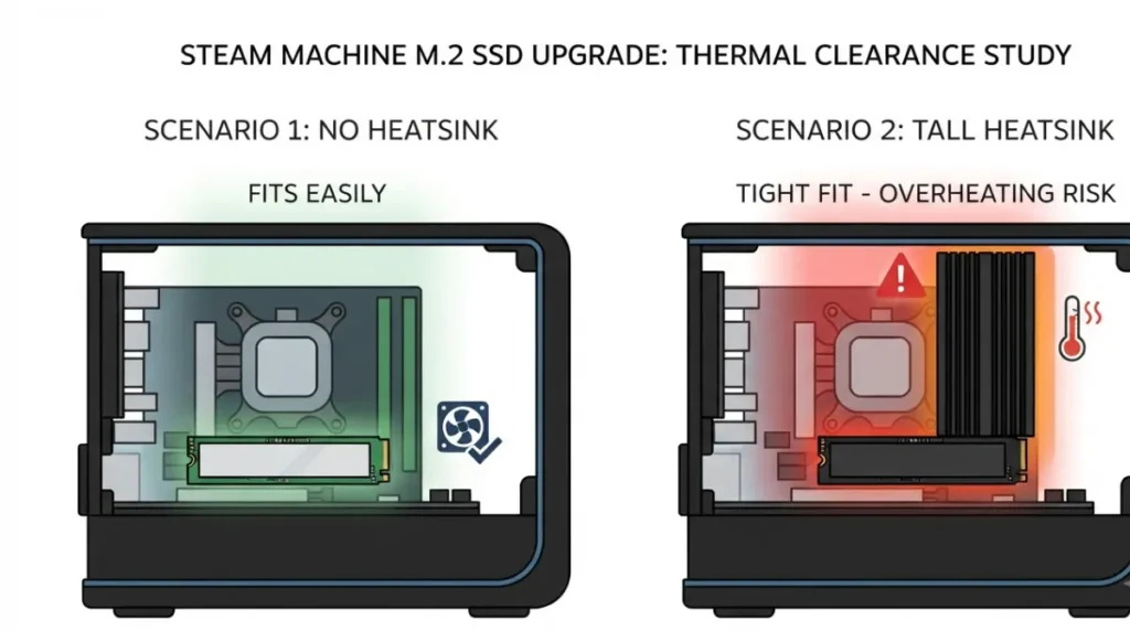 “SSD heatsink clearance inside Steam Machine chassis showing fit vs tight fit scenarios”