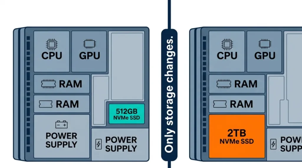 Steam Machine 512GB internal specs vector diagram showing identical CPU, GPU, and RAM with only the NVMe SSD capacity changing to 2TB