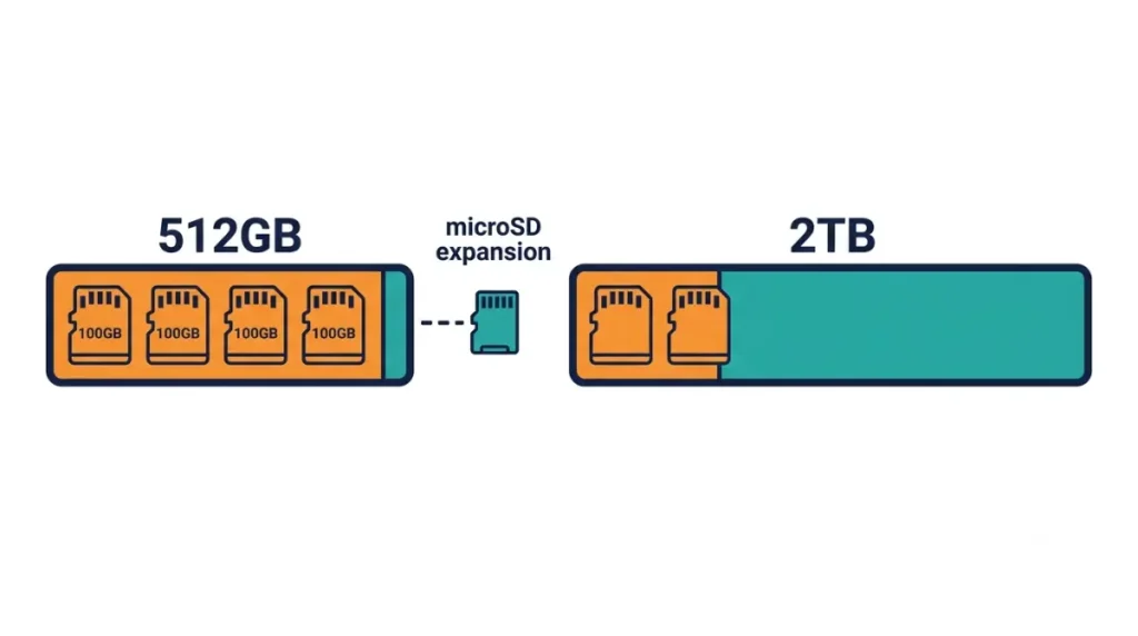 Steam Machine 512GB storage capacity vector infographic showing 100GB game installs, microSD expansion, and comparison with a 2TB drive