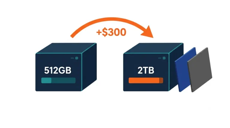 Steam Machine 512GB vs 2TB vector comparison showing the $300 price difference, larger 2TB storage bar, and extra faceplates