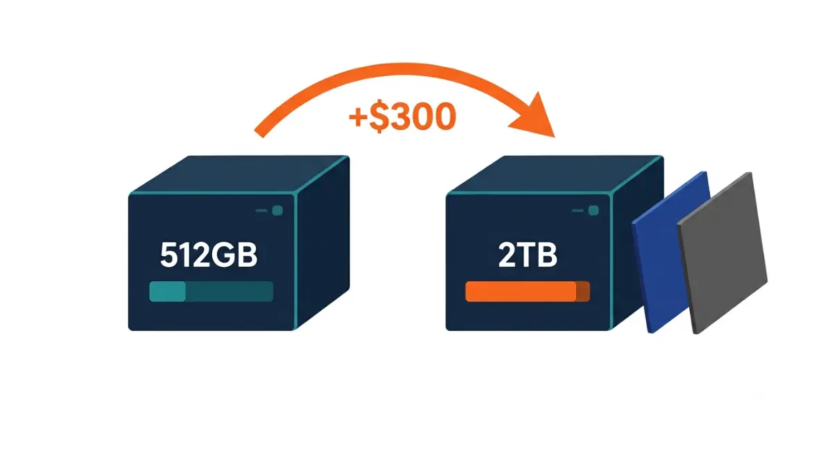 Steam Machine 512GB vs 2TB vector comparison showing the $300 price difference, larger 2TB storage bar, and extra faceplates
