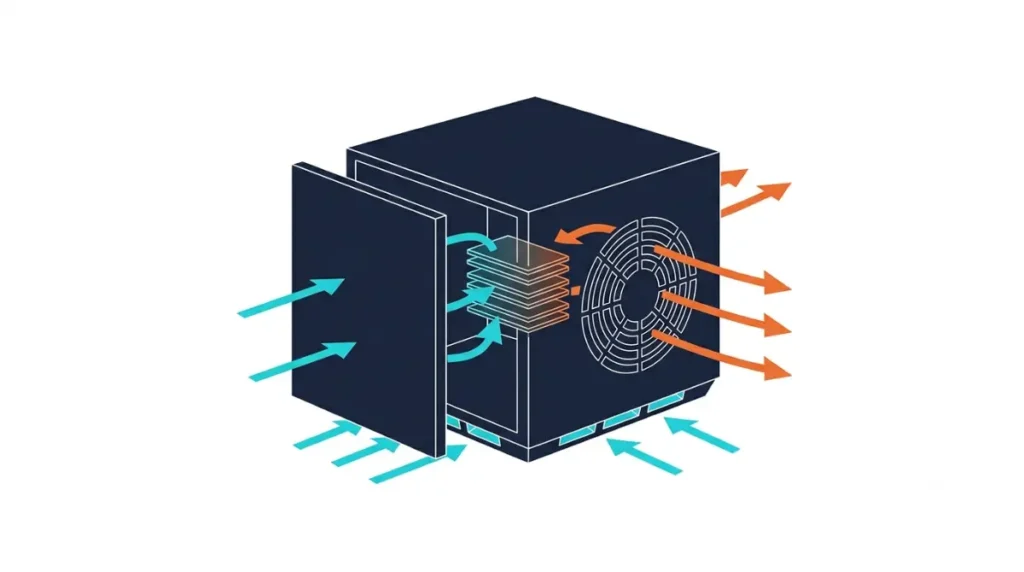 Steam Machine airflow diagram showing air intake through front and bottom vents and exhaust through the rear Steam Machine fan