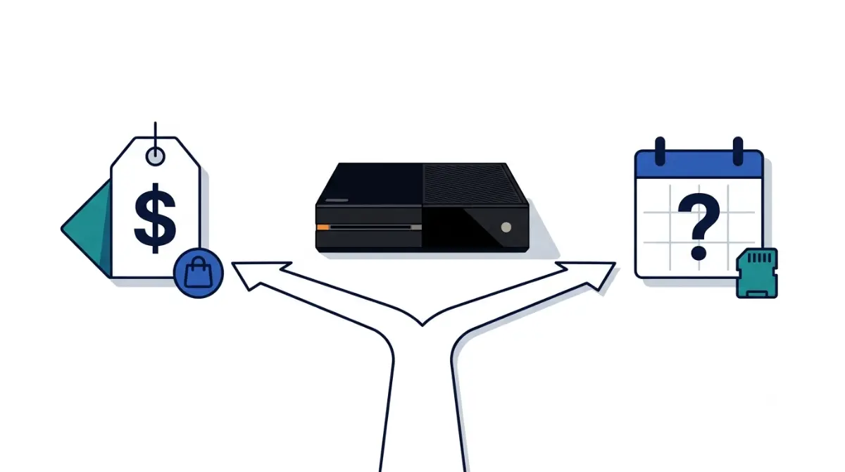 Steam Machine Price decision: vector illustration of a gaming PC between a buy-now price tag and a wait-for-a-price-cut calendar
