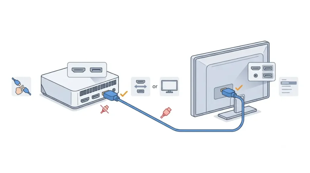 Steam Machine No Display: diagram showing the video cable path from the machine to a monitor.
