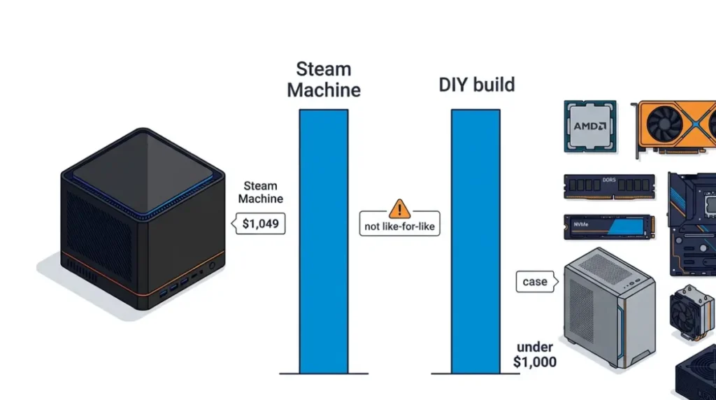 Steam Machine and DIY gaming PC cost comparison showing the $1,049 Steam Machine price