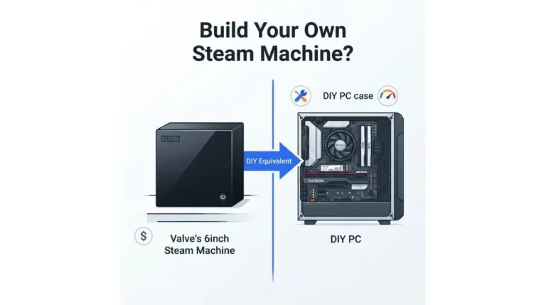 “Build your own Steam Machine: DIY desktop vs Valve’s Steam Machine illustrated comparison”