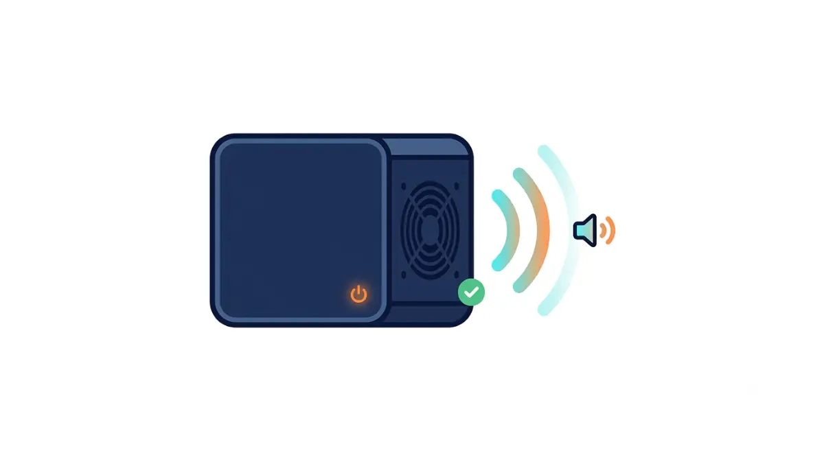 Quiet Steam Machine with gentle fan sound waves, illustrating whether Steam Machine fan noise is normal