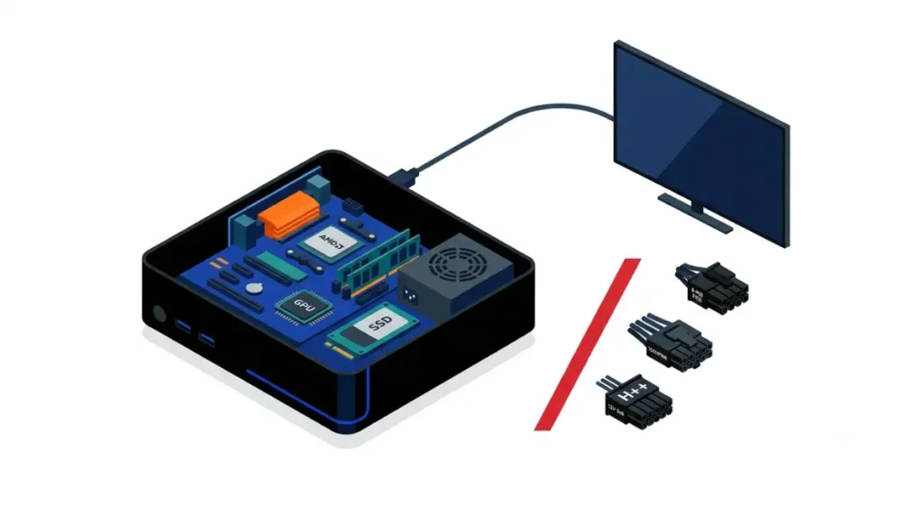 Steam Machine with internal power supply, separated from 8-pin, 12VHPWR, and 12V-2x6 GPU power cables.