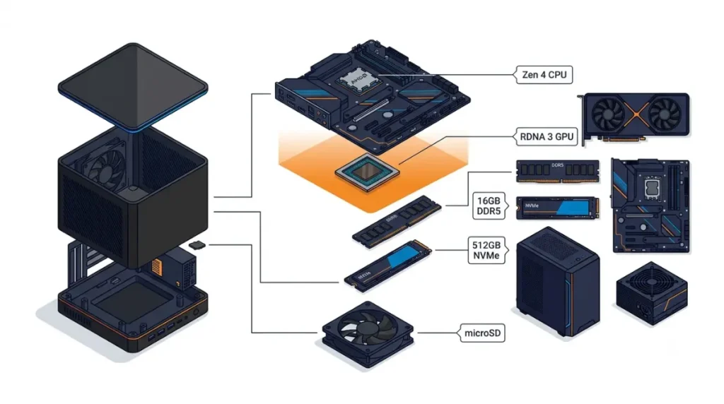 Steam Machine hardware breakdown showing the CPU GPU 16GB DDR5 512GB NVMe SSD and microSD storage
