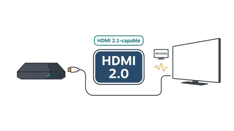 Steam Machine connected to a TV through HDMI 2.0, with HDMI 2.1-capable hardware and 4K 120Hz VRR icons shown in a vector illustration.