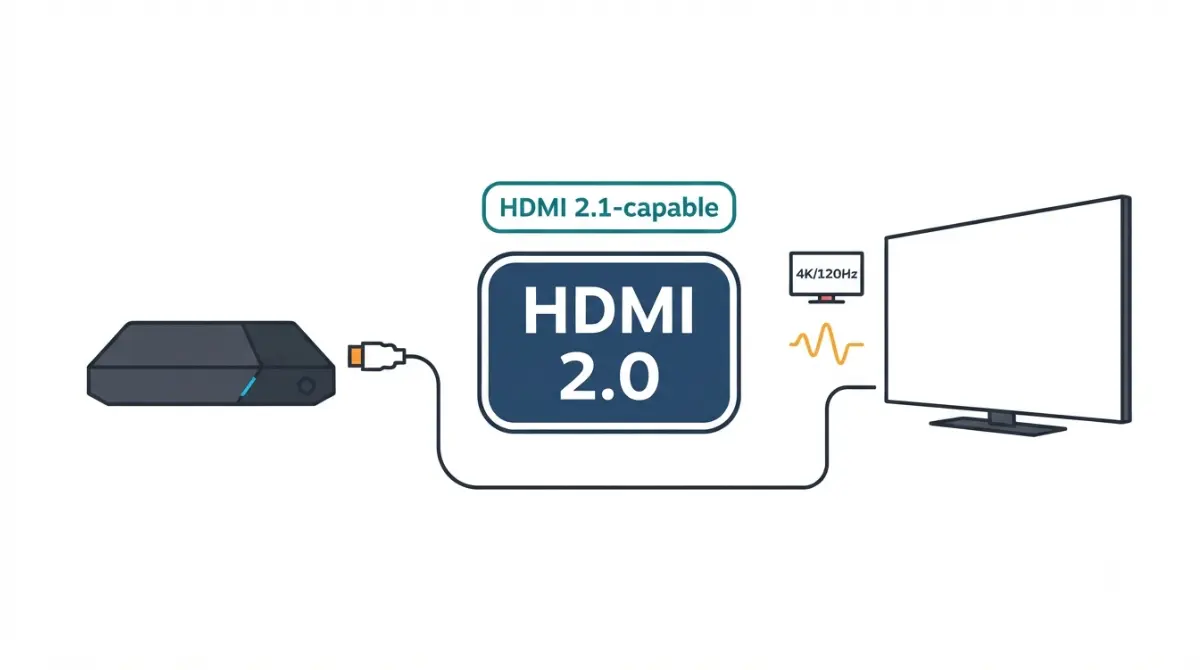 Steam Machine connected to a TV through HDMI 2.0, with HDMI 2.1-capable hardware and 4K 120Hz VRR icons shown in a vector illustration.