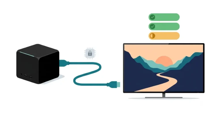 Unbranded Steam Machine style cube connected by HDMI to a 4K TV, with labels for 4K 120Hz, VRR, 4:2:0 color and FRL off