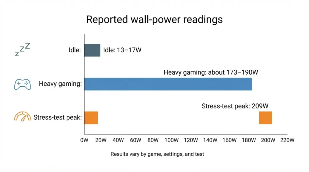 Steam Machine Power: reported wall draw is 13–17W idle, 173–190W gaming, and 209W peak
