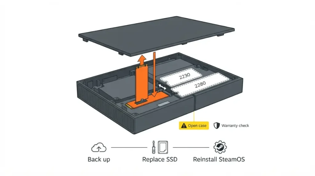 Steam Machine M.2 NVMe SSD replacement showing 2230 and 2280 drive positions and SteamOS reinstallation