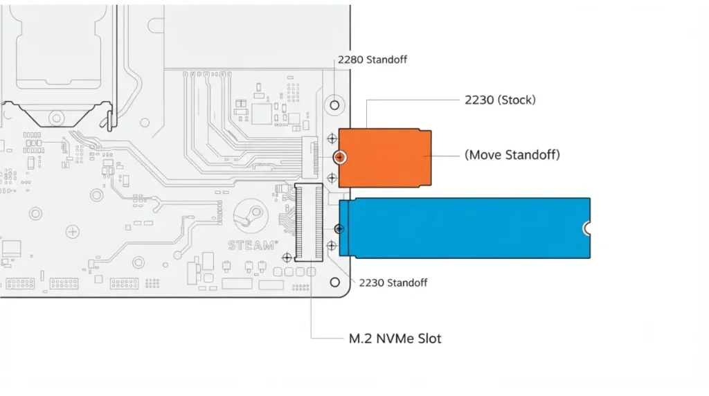 Diagram of Steam Machine M.2 slot showing compatible 2230 and 2280 SSD positions