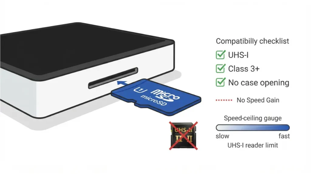 Steam Machine microSD card expansion with UHS-I and Class 3 or higher compatibility checks