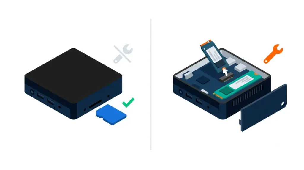 Steam Machine storage comparison showing tool-free microSD expansion and internal M.2 SSD replacement.