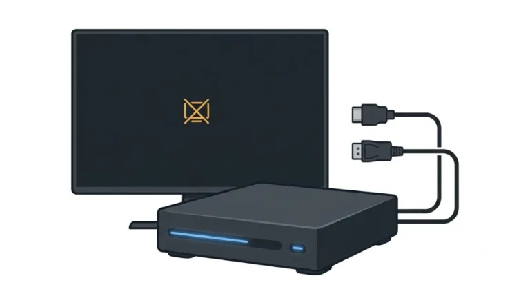 Steam Machine No Display: console-style PC beside a blank monitor, with its front light bar visible.