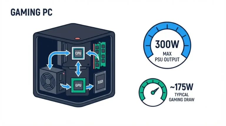 Steam Machine power supply 300W rating compared with typical gaming power draw, vector illustration