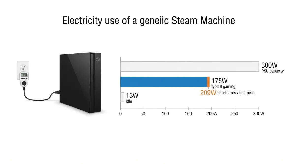 Steam Machine Power: 300W PSU capacity compared with about 175W gaming draw at the wall