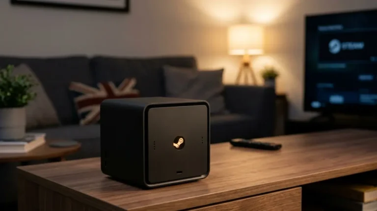 Steam Machine Price UK: Valve Steam Machine on a TV stand showing the £879 to £1,208 price range