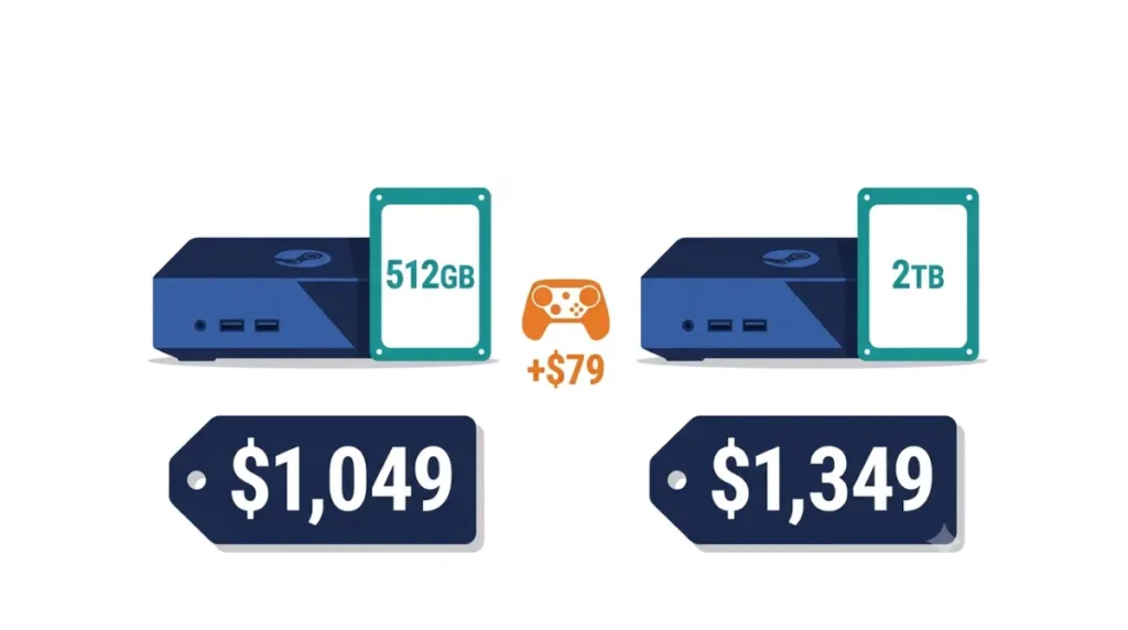 Steam Machine Price comparison: vector illustration of the 512GB and 2TB options with a separate controller add-on