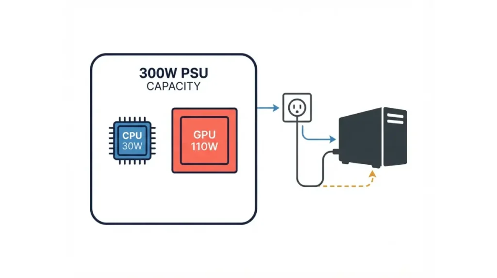 Steam Machine PSU 300W capacity with 30W CPU and 110W GPU power limits, vector diagram