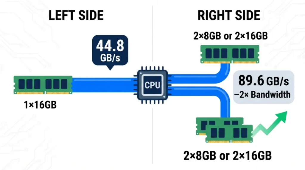 Steam Machine RAM single-channel vs dual-channel bandwidth comparison showing 44.8 GB/s vs 89.6 GB/s data flow visualization