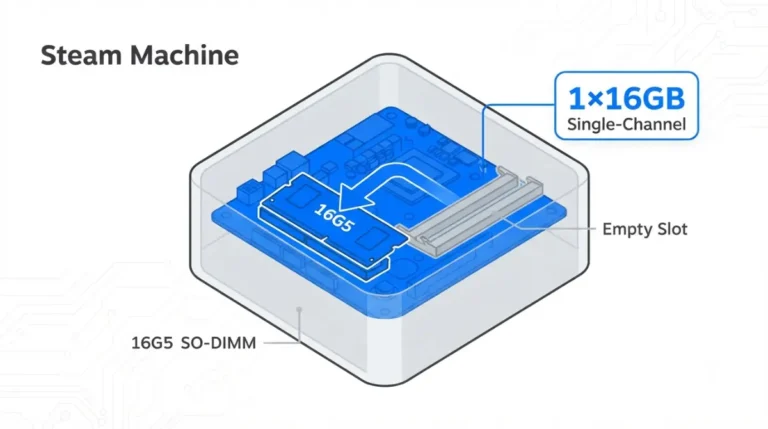 Steam Machine RAM configuration showing single 16GB DDR5 stick in dual-slot bay with single-channel memory path highlighted