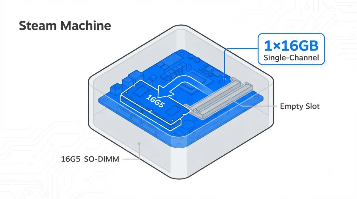Steam Machine RAM configuration showing single 16GB DDR5 stick in dual-slot bay with single-channel memory path highlighted