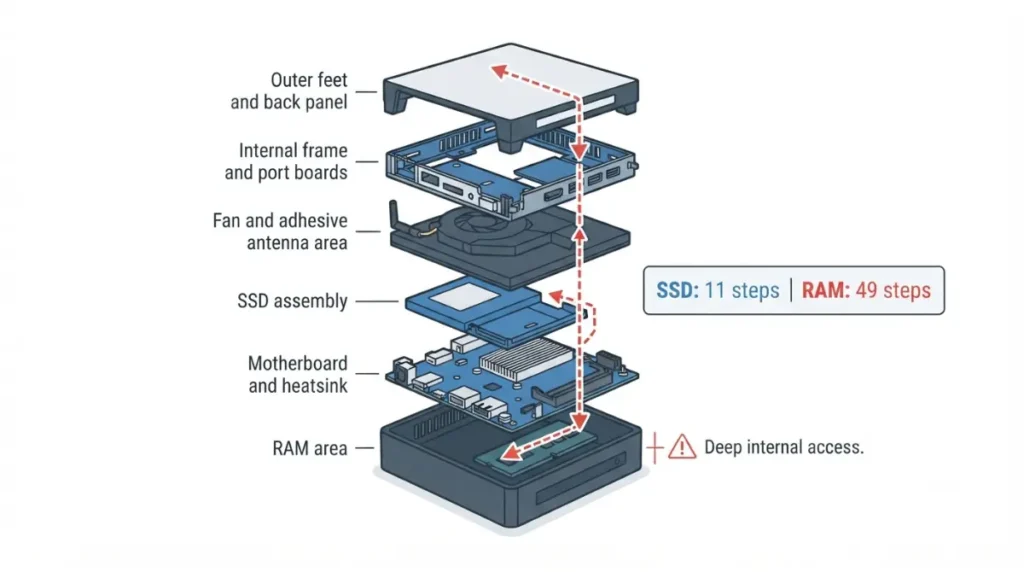 Steam Machine RAM teardown diagram showing the Machine RAM beneath multiple internal layers and requiring 49 steps