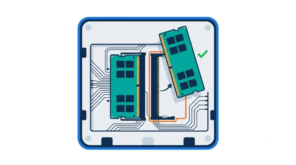 Steam Machine RAM upgrade illustration showing one installed DDR5 SODIMM and a second stick added to the empty slot.