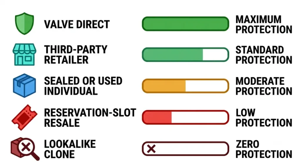 Steam Machine seller protection guide comparing Valve direct, retailer, individual, reservation, and clone sellers