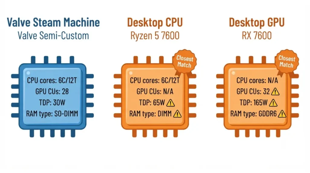 Steam Machine specs compared to closest desktop parts: CPU, GPU, RAM illustrated breakdown”