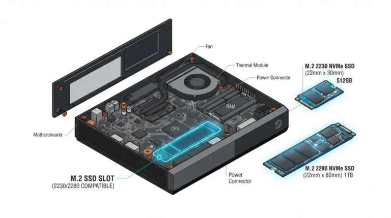 Valve Steam Machine with M.2 slot highlighted for SSD upgrade showing 2230 and 2280 NVMe SSD
