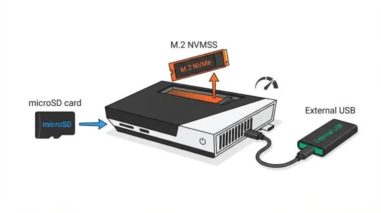 Steam Machine storage expansion options showing a microSD card, internal M.2 NVMe SSD, and external USB SSD