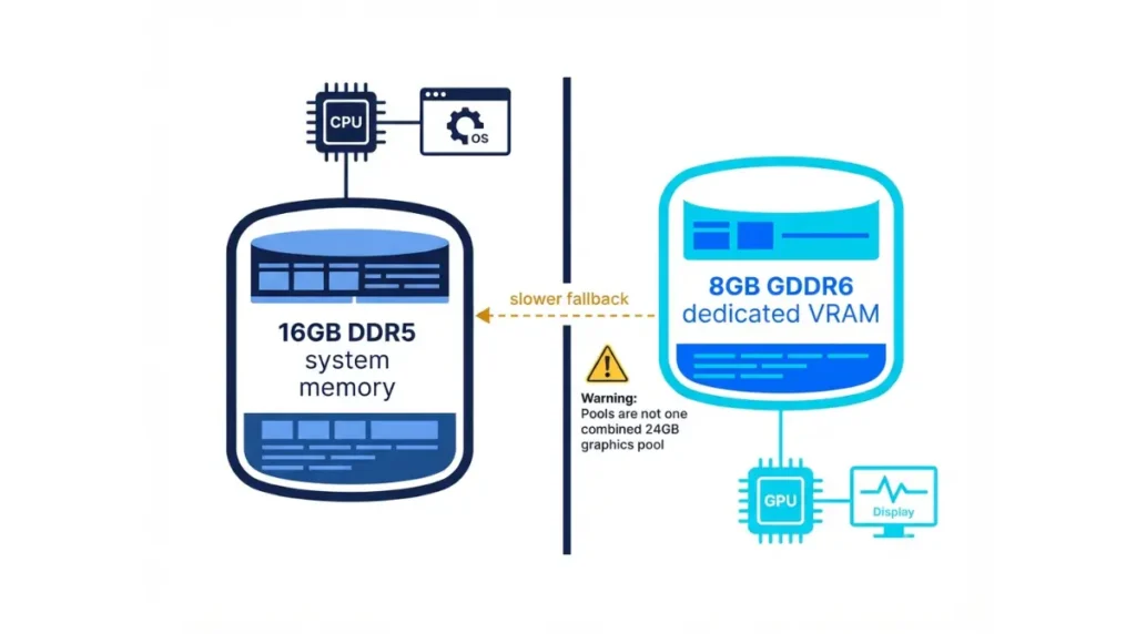 Steam Machine diagram separating 16GB DDR5 system memory from 8GB GDDR6 dedicated VRAM.