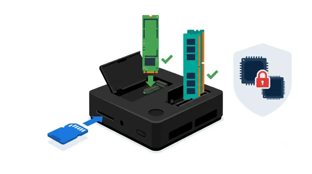 Steam Machine upgrade guide showing upgradeable microSD, SSD and RAM parts beside a fixed CPU and GPU.