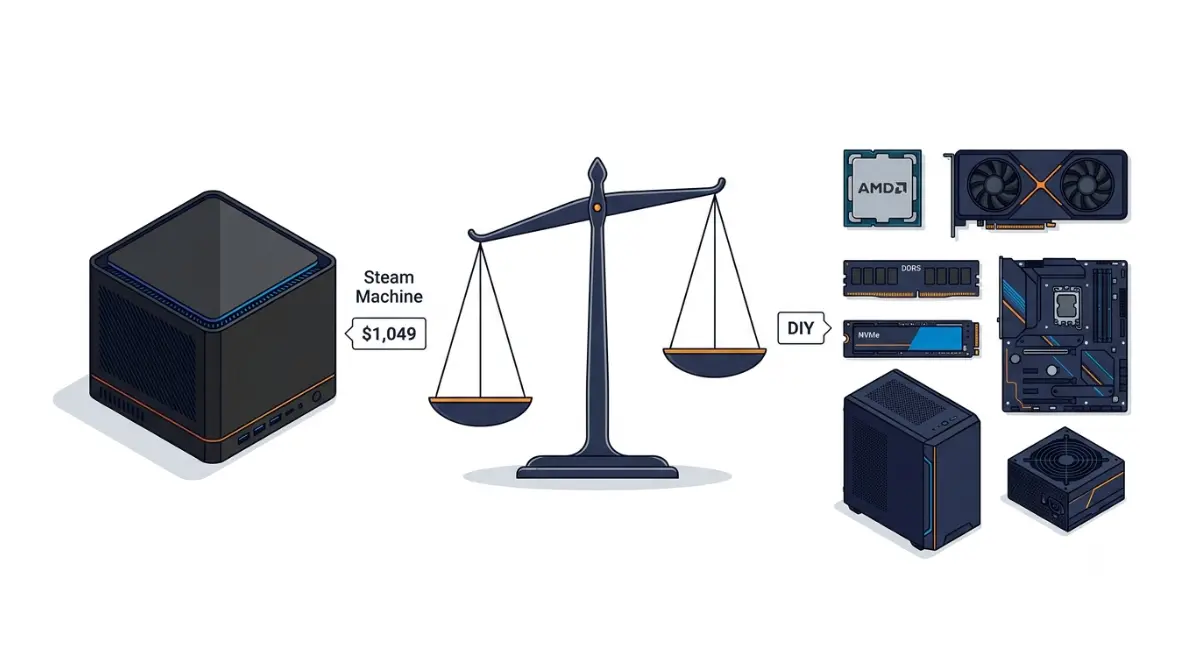 Steam Machine beside DIY gaming PC parts showing the $1,049 price comparison