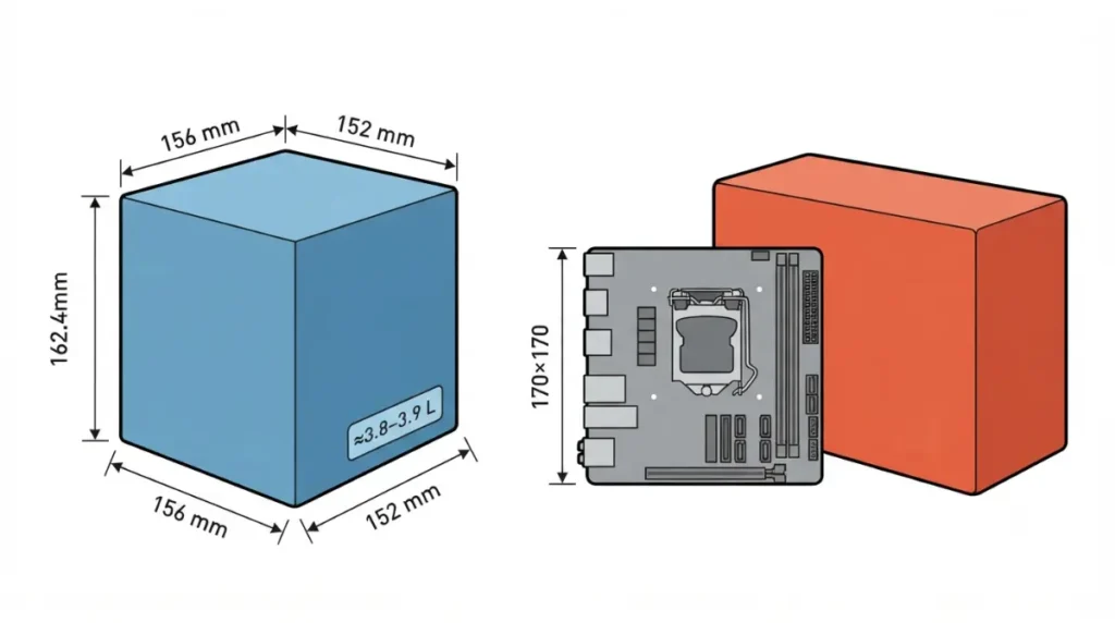 “Vector size comparison of Valve Steam Machine cube and a mini ITX Case with mini‑ITX motherboard”