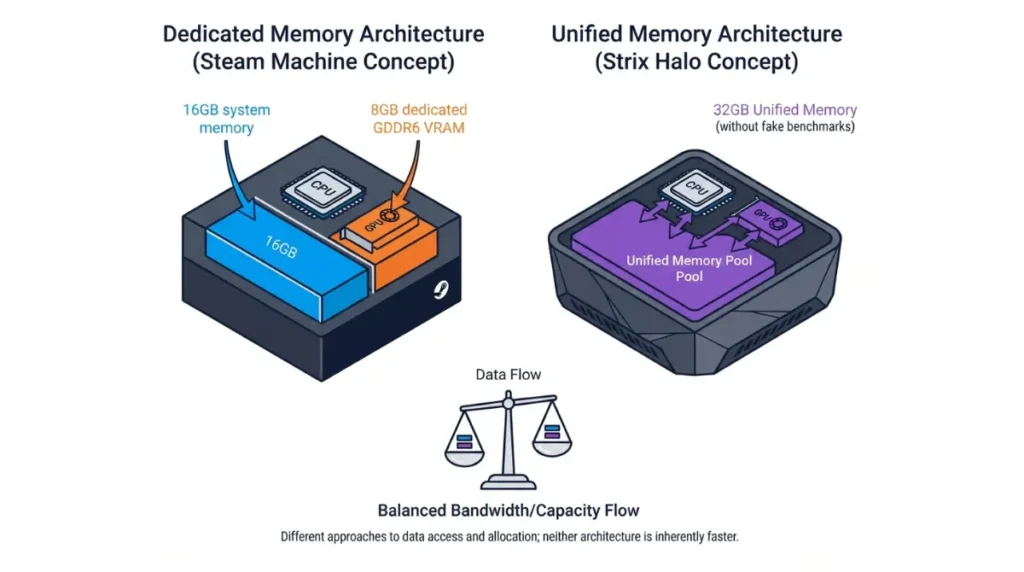 Steam Machine vs Mini PC: dedicated 8GB GDDR6 VRAM compared with shared system memory in a gaming mini PC
