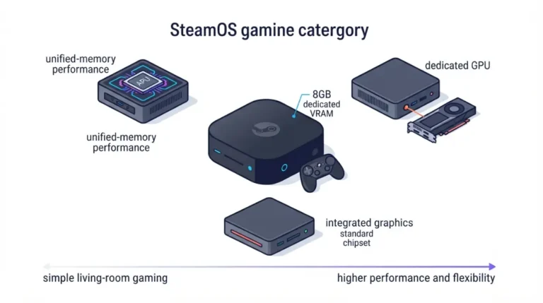 Steam Machine vs Mini PC: comparison of the Steam Machine with Strix Halo, discrete-GPU, and budget integrated-graphics gaming mini PCs
