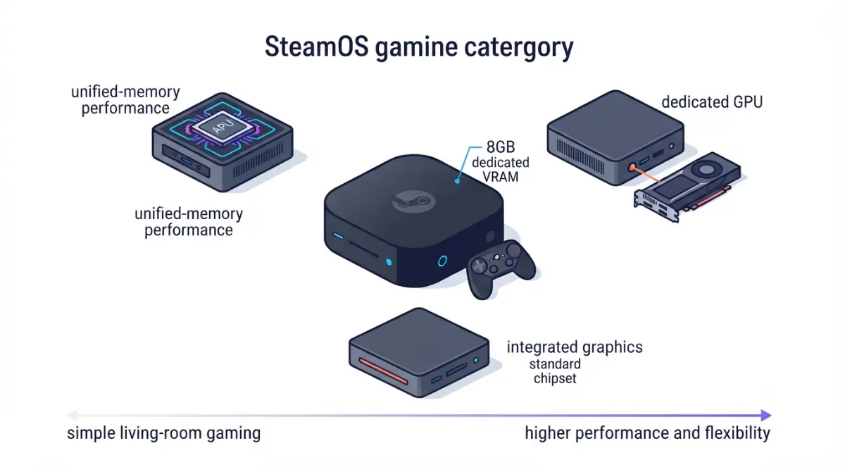 Steam Machine vs Mini PC: comparison of the Steam Machine with Strix Halo, discrete-GPU, and budget integrated-graphics gaming mini PCs