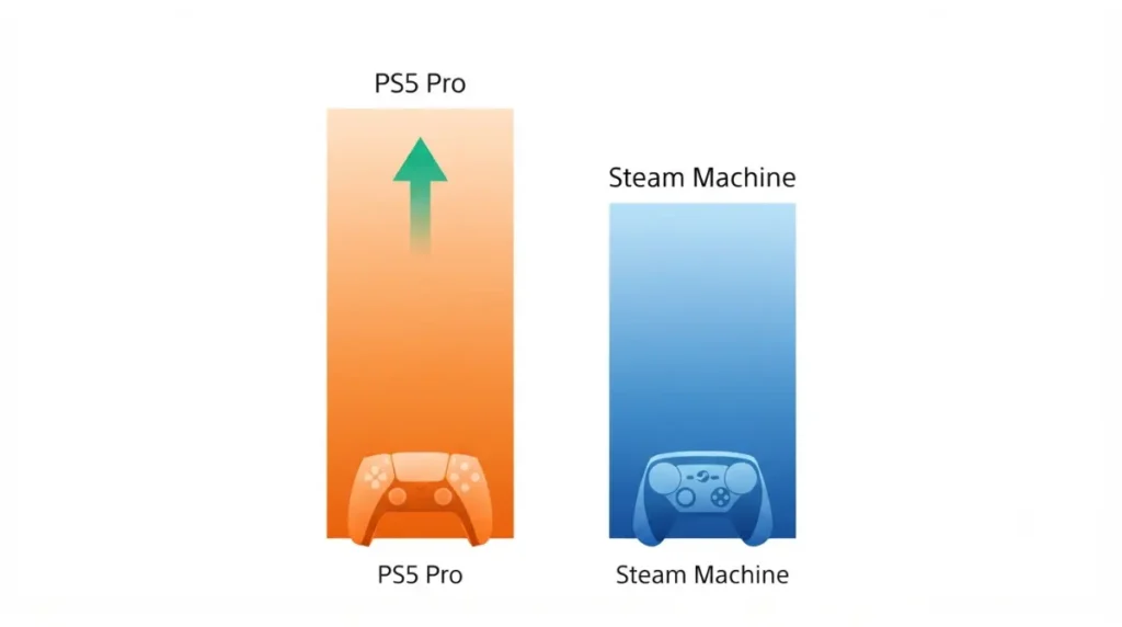 Bar chart vector showing PS5 Pro higher FPS than Steam Machine vs PS5 Pro in gaming benchmarks
