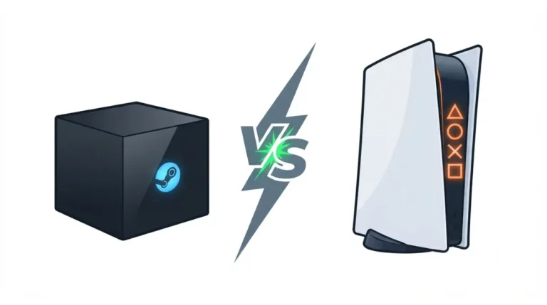 Steam Machine vs PS5 Pro consoles facing each other in a vector illustration on white background