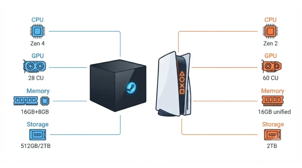 Vector diagram comparing CPU, GPU, memory, and storage of Steam Machine vs PS5 Pro