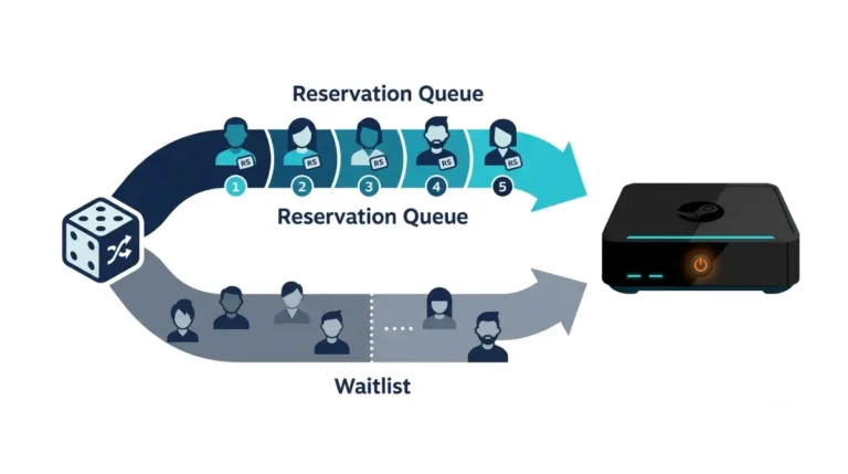 Steam machine waitlist and reservation queue compared in a vector diagram showing Valve’s randomized selection process.