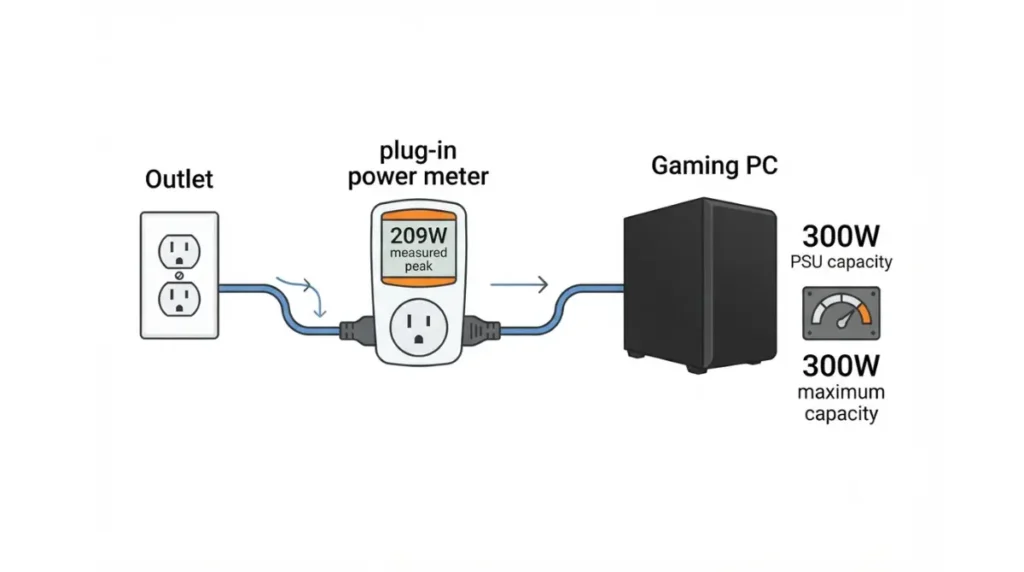 Steam Machine Power: a wall meter measures system draw, unlike the 300W PSU capacity rating